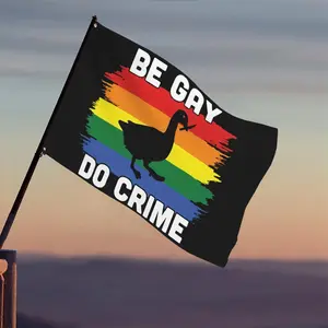 1 3x5ft Pride Month Banner Flag - "Be Gay Do Crime" Slogan and Rainbow Duck Design, Durable Polyester Handheld Flag for Parades, Rallies, Home Decor - Celebrate Diversity and LGBTQ+ Expression