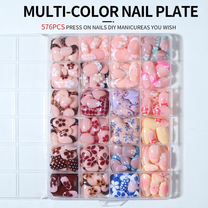 576 Piece Acrylic Press-On Nails Set, Short Oval Leopard French Flower Bow Design, Easy Wear Nail Art for Women Girls, Acrylic Fake Nails