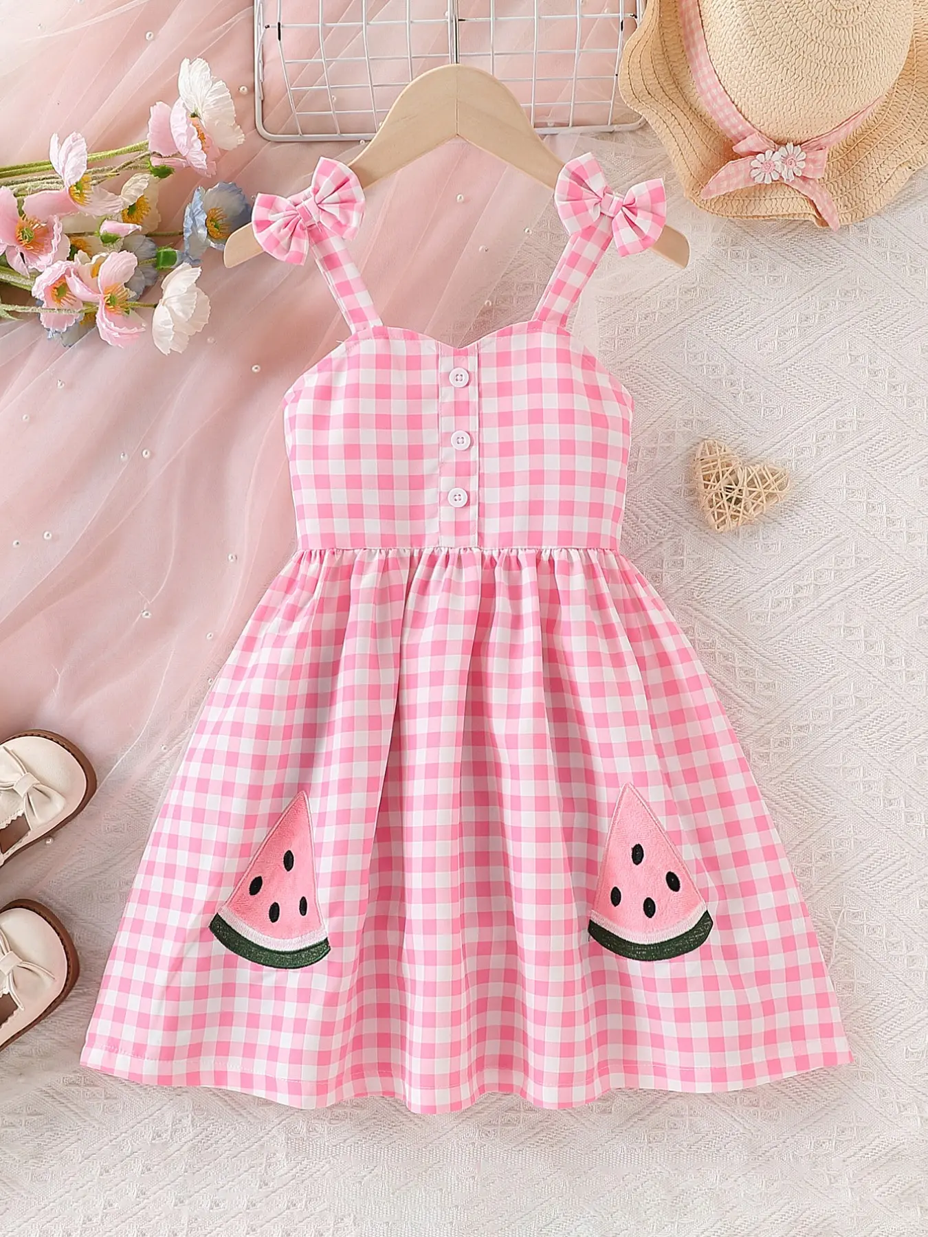 Summer Young Girls Plaid Dress with Fruit Embroidery, Lovely Bow Dress, Butterfly Knot Strapless Sleeveless Cute Dress, Summer Cute Dresses, Perfect for Casual Outdoor Wear