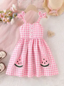Summer Young Girls Plaid Dress with Fruit Embroidery, Butterfly Knot Strapless Sleeveless Cute Dress, Perfect for Casual Outdoor Wear