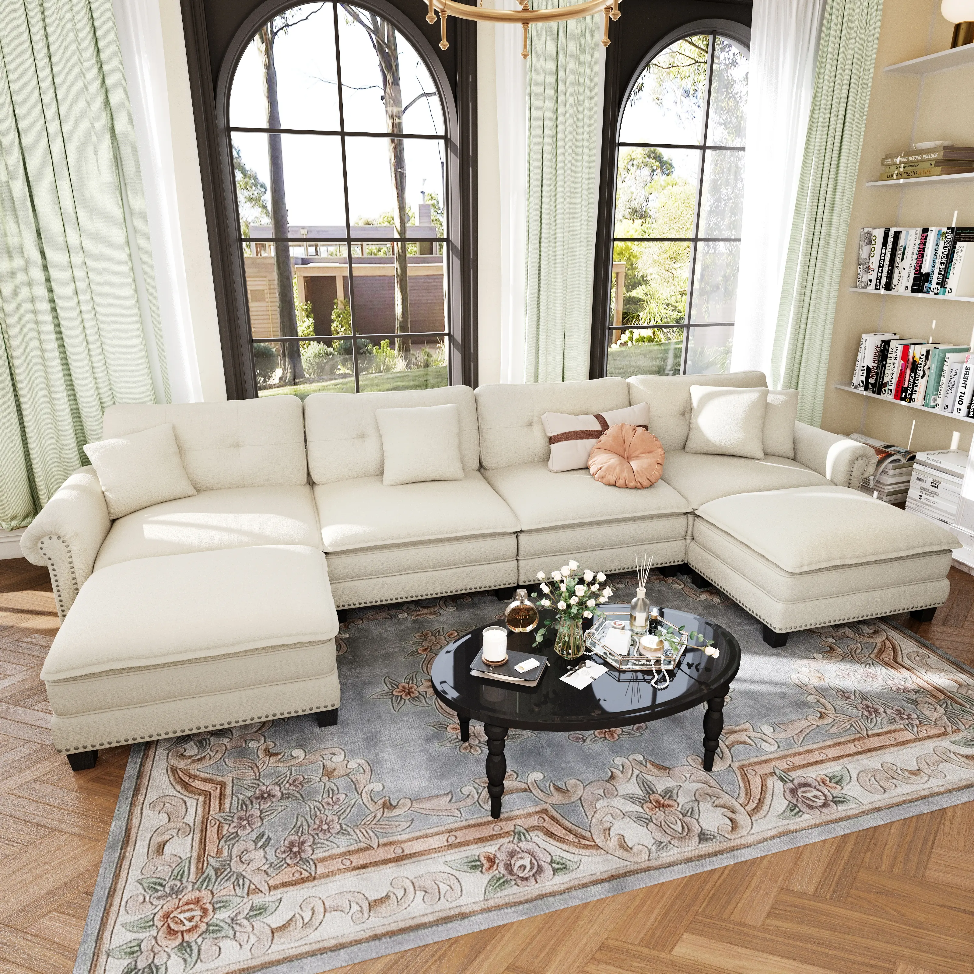PHI VILLA Sectional Sofa with Extra Deep & Wider Cushions, Mid-Century Modern Couch with Chenille/Linen Fabric, Upholstered Couches with Movable Ottoman for Living Room, without Table