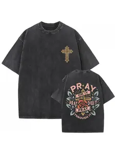 Men's & Unisex Christian Jesus "Pray Through It" Vintage T-Shirt - Oversized Loose Fit Cotton Tee with Cross & Floral Religious Design, Textured Retro Wash, All-Season Comfort for Church, Prayer & Casual Wear