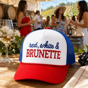 Women's Americana Embroidered Trucker Cap - Red White & Brunette Funny Patriotic 4th of July Outfit Accessory, Summer Vacation Lake Lover Casual Trendy Hat Gift