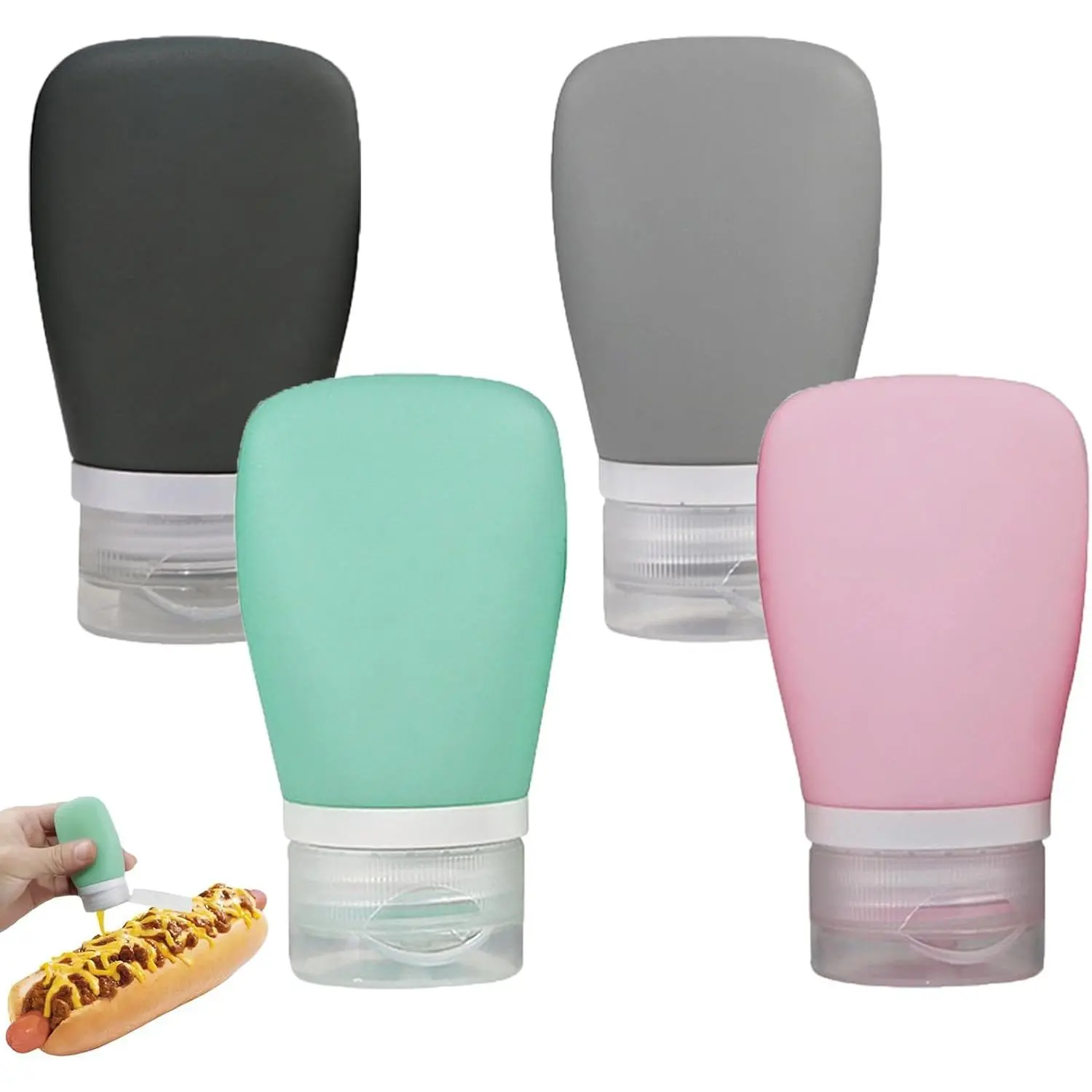 4 pack leak-proof mini condiment bottles, food-grade silicone squeeze bottles, easy to carry as travel storage bottles, and also as sauce containers for lunch boxes (60ML)