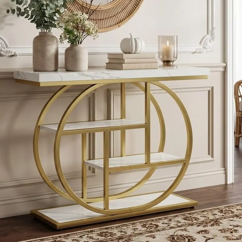 Walsunny Modern Rustic Brown Console Table, 41.3-Inch Narrow Sofa Table with Artistic Curved Metal Frame, for Hallway, Living Room
