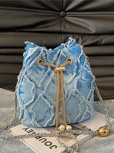 Sweet Style Checkered Drawstring Bucket Bag For Women Frayed Edge Pearl Chain Versatile Commuting Dating Shoulder Crossbody Bag For Daily Use Trendy Crossbody Bag