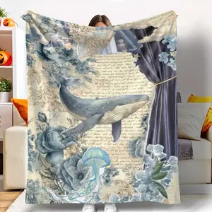 Whale Jellyfish and Vintage Floral Flannel Blanket Ocean Fantasy Print Soft Cozy Warm Lightweight Decorative Throw for Bedroom Living Room Reading Corner Gift