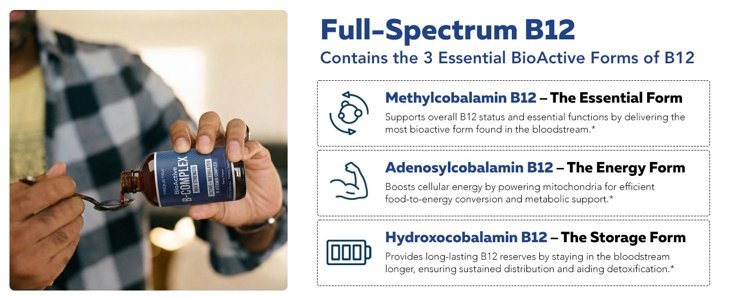 BioActive Vitamin B Complex | Methylated & Active Forms | Methylfolate, 3 Forms of B12, BenfoPutesin B5 | 12 B Vitamins | Liquid Formula | 8 oz
