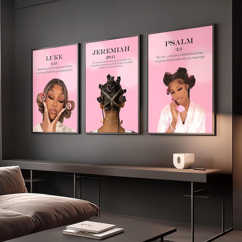 Set of 3 Pink Bible Verse Print; Christian Black Girl Wall Art #677899