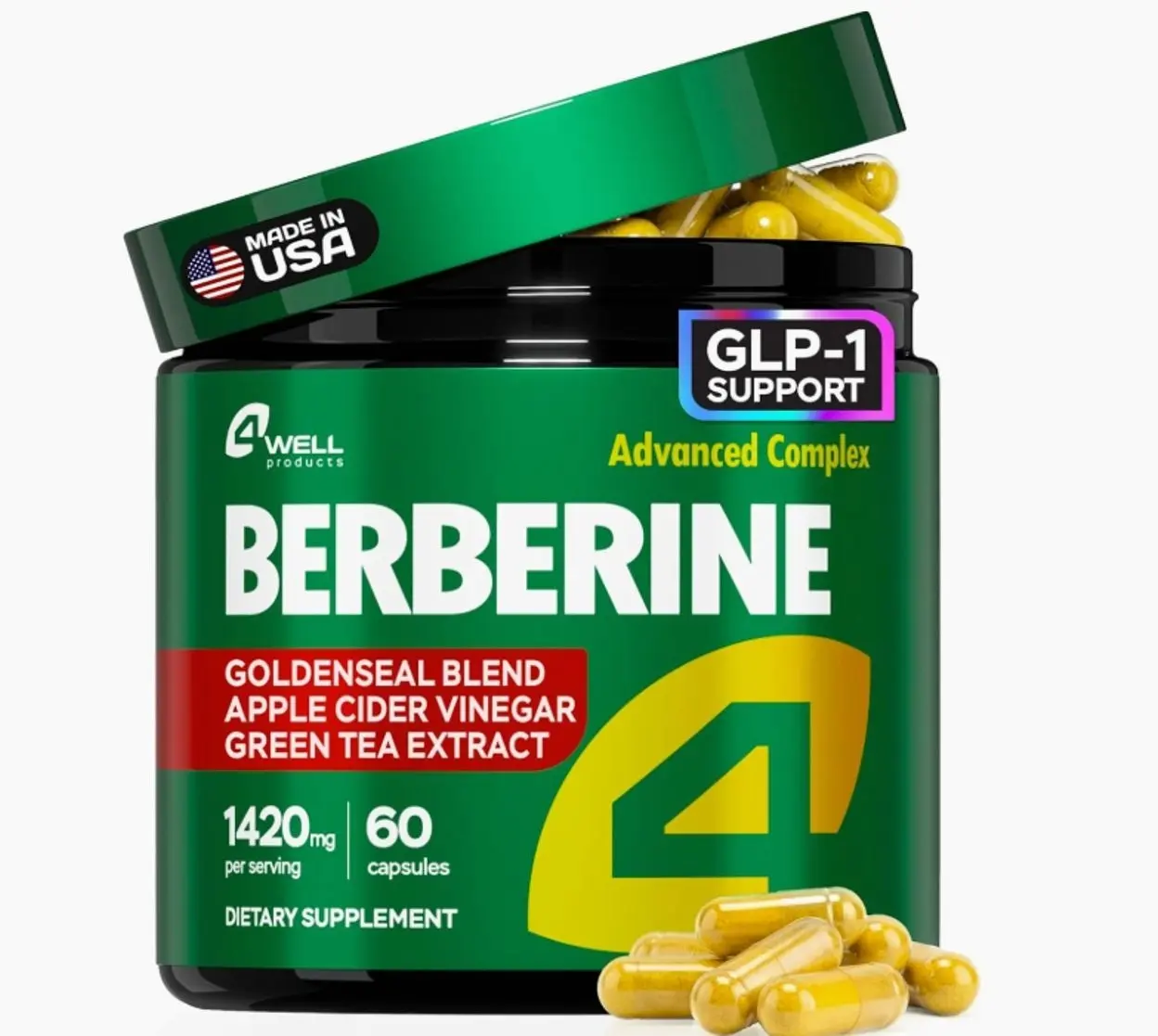 Berberine HCL Supplement - Triple Strength GLP-1 Activator with Apple Cider Vinegar & Green Tea Extract - Body Composition Support, Digestive Health, Support Heart Health, Immune System (60 Capsules)