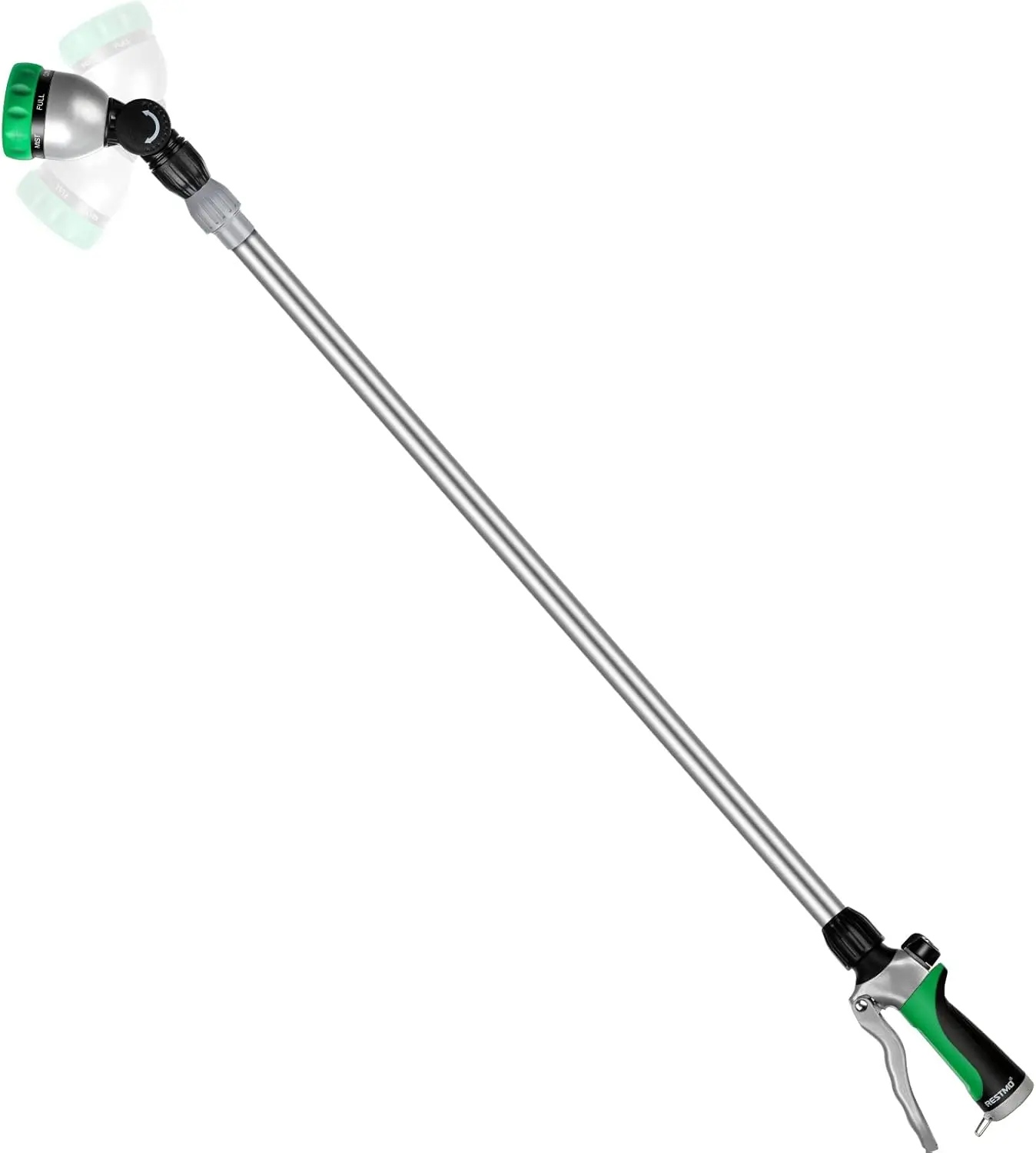 RESTMO 36”-60” Metal Watering Wand, Long Telescopic Tube | 180° Adjustable Ratcheting Head | 7 Spray Patterns | Flow Control, Perfect Garden Hose Sprayer to Water Hanging Baskets, Shrubs, Green