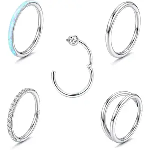 THUNARAZ 5 Pcs Shining Seamless Body Piercing Nose Rings Hoop 8mm 10mm for Women Men CZ Opal Septum Hinged Clicker Segment Lip Rings Helix Cartilage Hoop Earring 18G 16G Surgical Steel Rings for Birthday Summer Beach Ocean Vocation Parties Christmas Gift