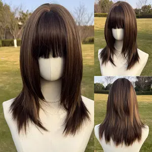 SMILCO 26" Brown with Yellow Highlights Synthetic Wig SM590 Glueless Natural-Looking Scalp Full Machine Cap Adjustable Straps Breathable Cap Soft Texture Heat-Resistant Fiber