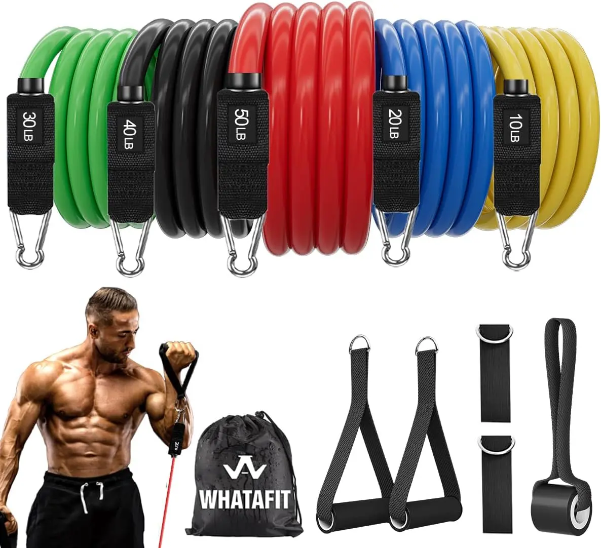 WHATAFIT Resistance Bands with Handles, 150 lb Exercise Bands Set Natural latex workout bands with 5 stackable levels, door anchor, ankle straps and carry bag for home gym, office or travel