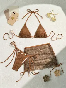 Three-Piece Set Women's Solid Shell Decor Bikini Set, Swimsuit Style Bikini, Halter Neck Tie Back Triangle Swim Bra & Tie Side Swim Panty & Hollow Out Sheer Cover Up Skirt Set, Fashion Chic Swimwear Set for Beach Holiday Vacation