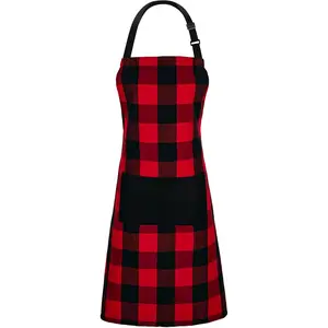 1 Pack Buffalo Check Apron with 2 Pockets Adjustable Bib Chef Kitchen Aprons for Men and Women, Red & Black