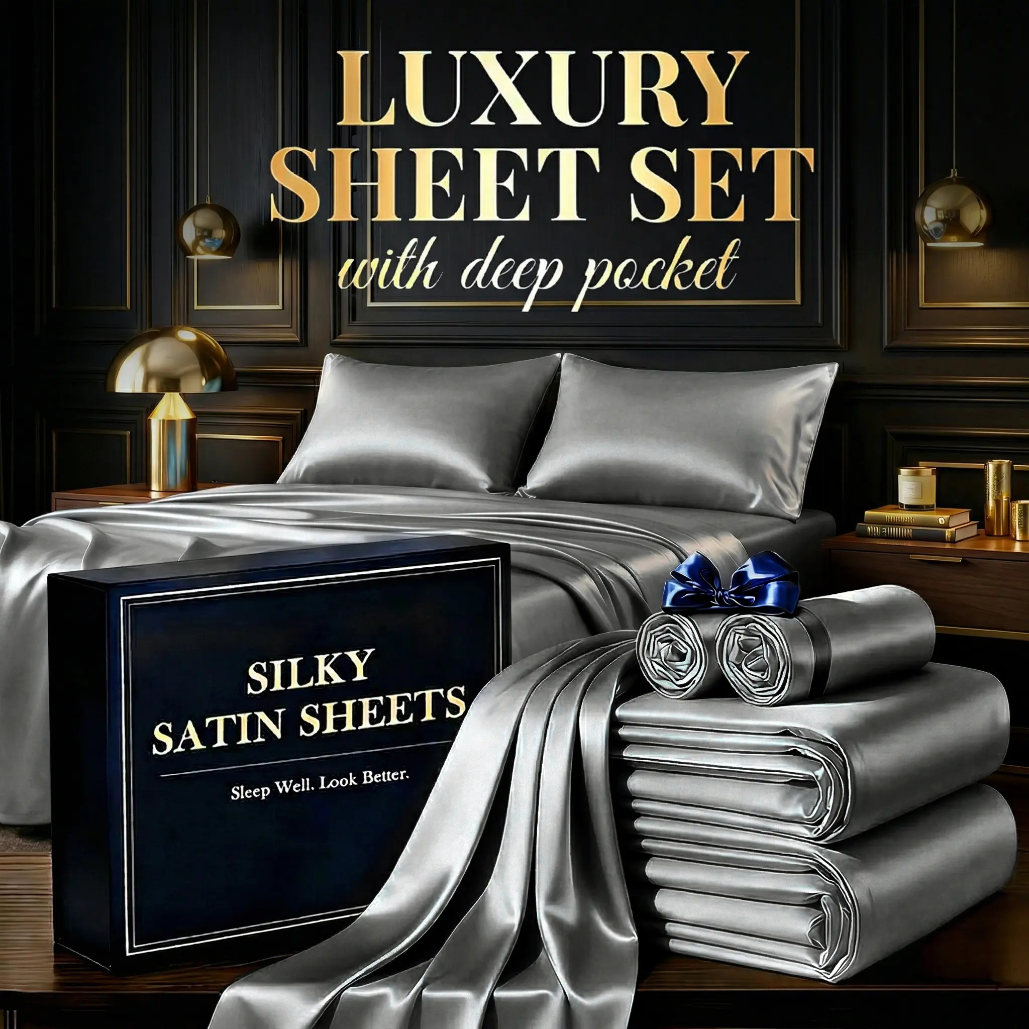 3/4-Piece Solid Color Satin Sheets Set – 1 Flat Sheet + 1 Fitted Sheet + 1/2 Pillowcases, Silky Soft with Natural Sheen, Luxurious Bedding summerwins