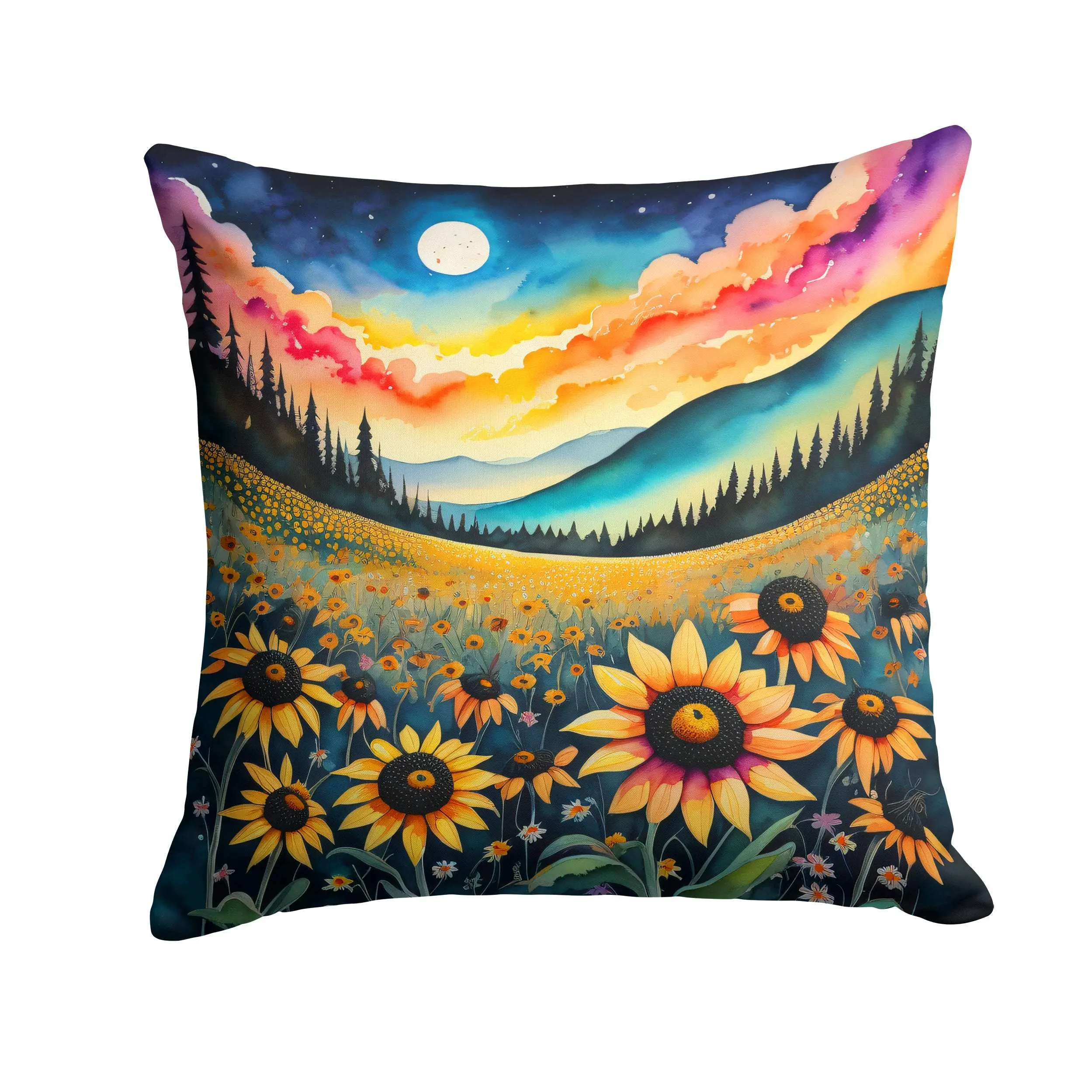Vibrant Black-Eyed Susans Print Decorative Pillow, 18x18 in 100% Polyester Fabric, Full-Color Handcrafted US Indoor Patio-Porch Cushion Accessory