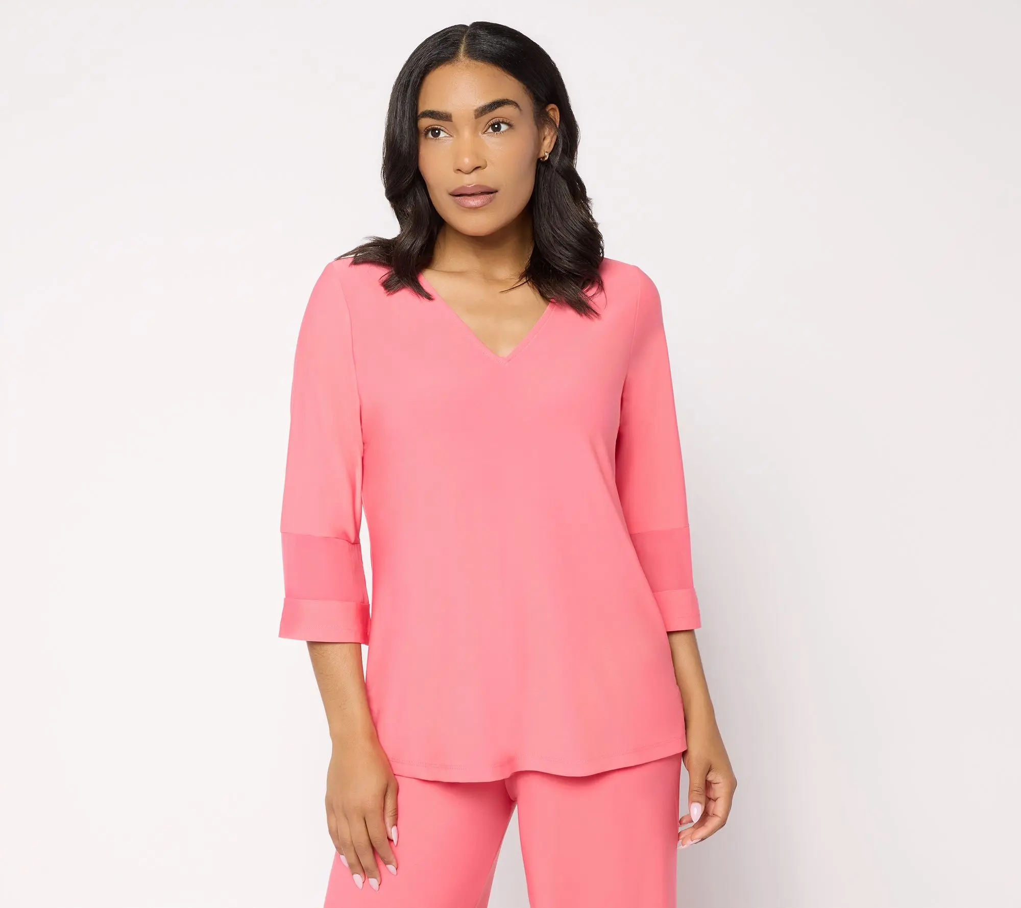Brandis Dress Out Loud Discovery Knit Bestie Sheer Trim V-Neck Top