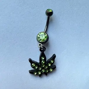 Green Leaf Belly Ring with Sparkling Green Crystal Accent and Black Finish