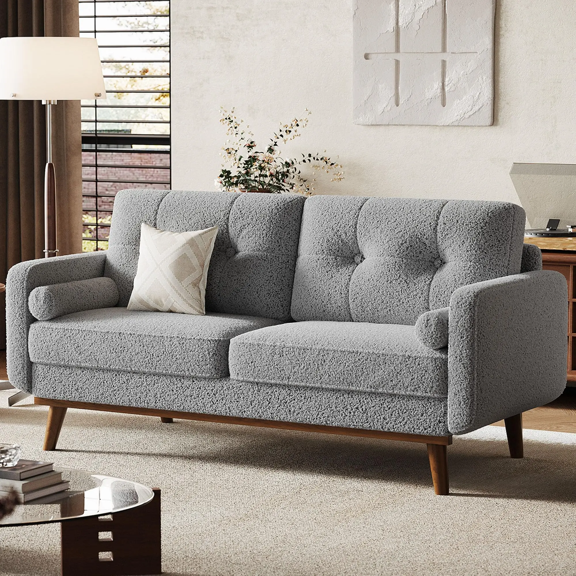 Garvee 65 in Loveseat Sofa, Mid Century Modern Couch Comfy Love Seat Couches for Living Room, 2 Seater Deep Seat Couch Teddy Fleece Boucle Upholstered Couches for Bedroom Office Small Space, Grey