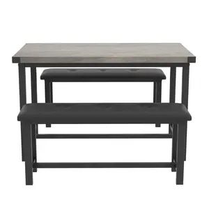 3-piece farmhouse dining set for 4, rectangular compact table with two upholstered benches, space-saving rustic brown dining furniture for apartments