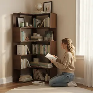 6 Tier Corner Bookshelf, 66" Tall L Shaped Bookshelf with Baffle, Freestanding Display Corner Shelf, Wooden Bookcase with Open Shelf Units for Living Room, Bedroom, Home Office, Walnut