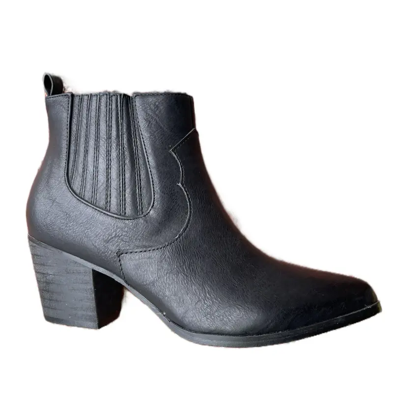 Women's Stylish Western Ankle Boots - Black PU Leather Footwear with Houndstooth Accent, Pointed Toe Block Heel Shoe for Daily Wear, Walking Shoes, Chic, Basic, Rubber Sole, All Seasons, Western Basic, Casual
