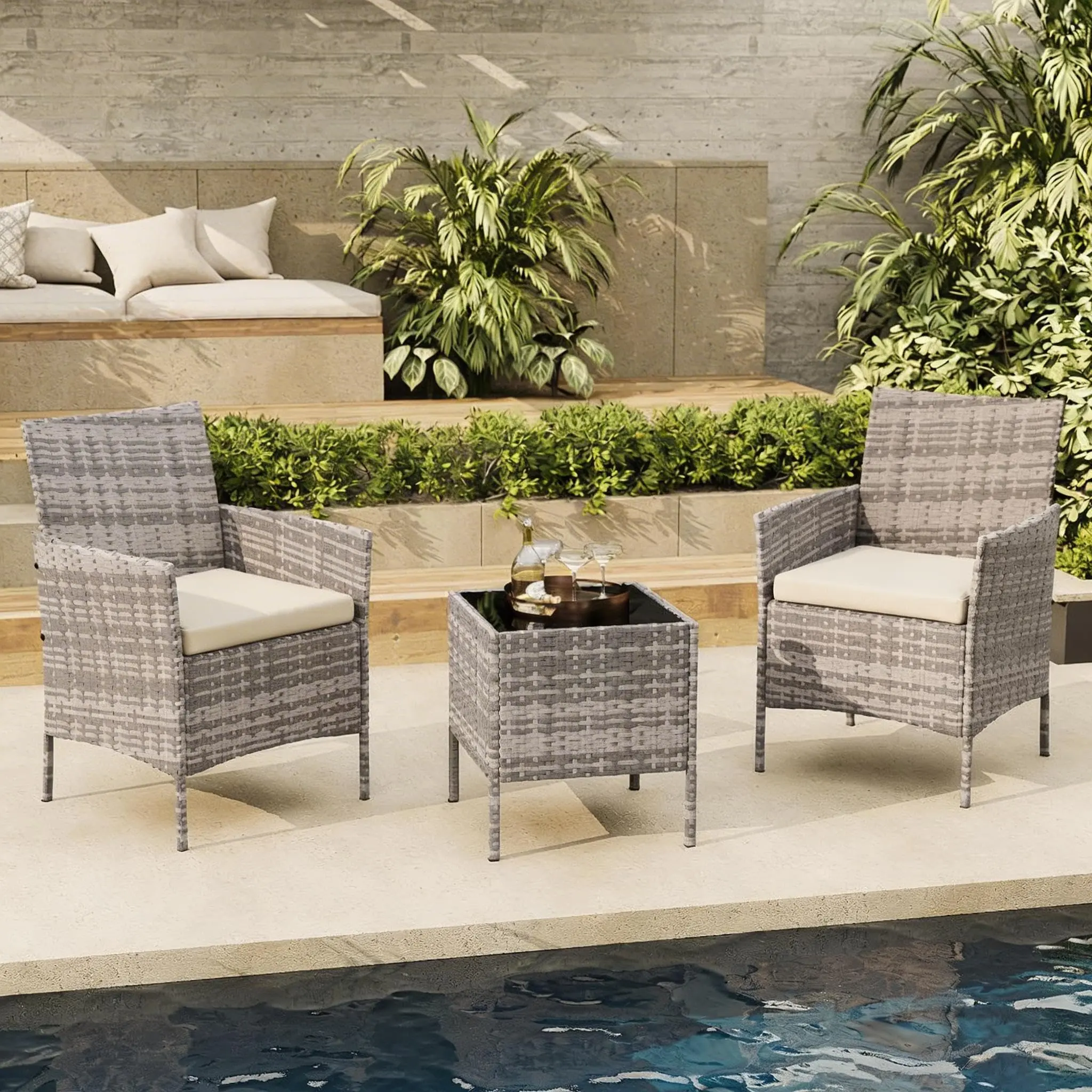Outdoor Furniture Set, 3-Piece PE Rattan Wicker Chairs with Soft Cushions - Tempered Glass Coffee Table, All-Seasons All-Weather Set for Balcony, Gazebo, Assembly Required (Grey/Beige)