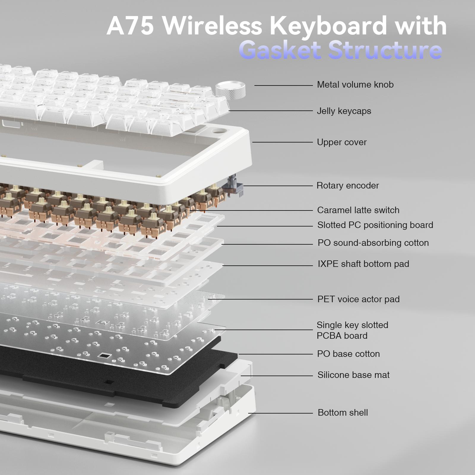 [New]SOLAKAKA A75 Crystal White Wireless Keyboard, Cute RGB 75% Mechanical Keyboard, Tri-Mode Bluetooth/2.4G/USB-C, Creamy Caramel Latte Linear Switch, Hot Swappable Aesthetic Keyboard for PC Mac Laptop