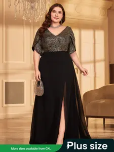 【Plus Size】 Glitter Sequin Open Front Chiffon Dress, Elegant Long Sleeve V Neck Formal Wear Evening Party Gown, Women's Clothes for All Seasons, Womenswear