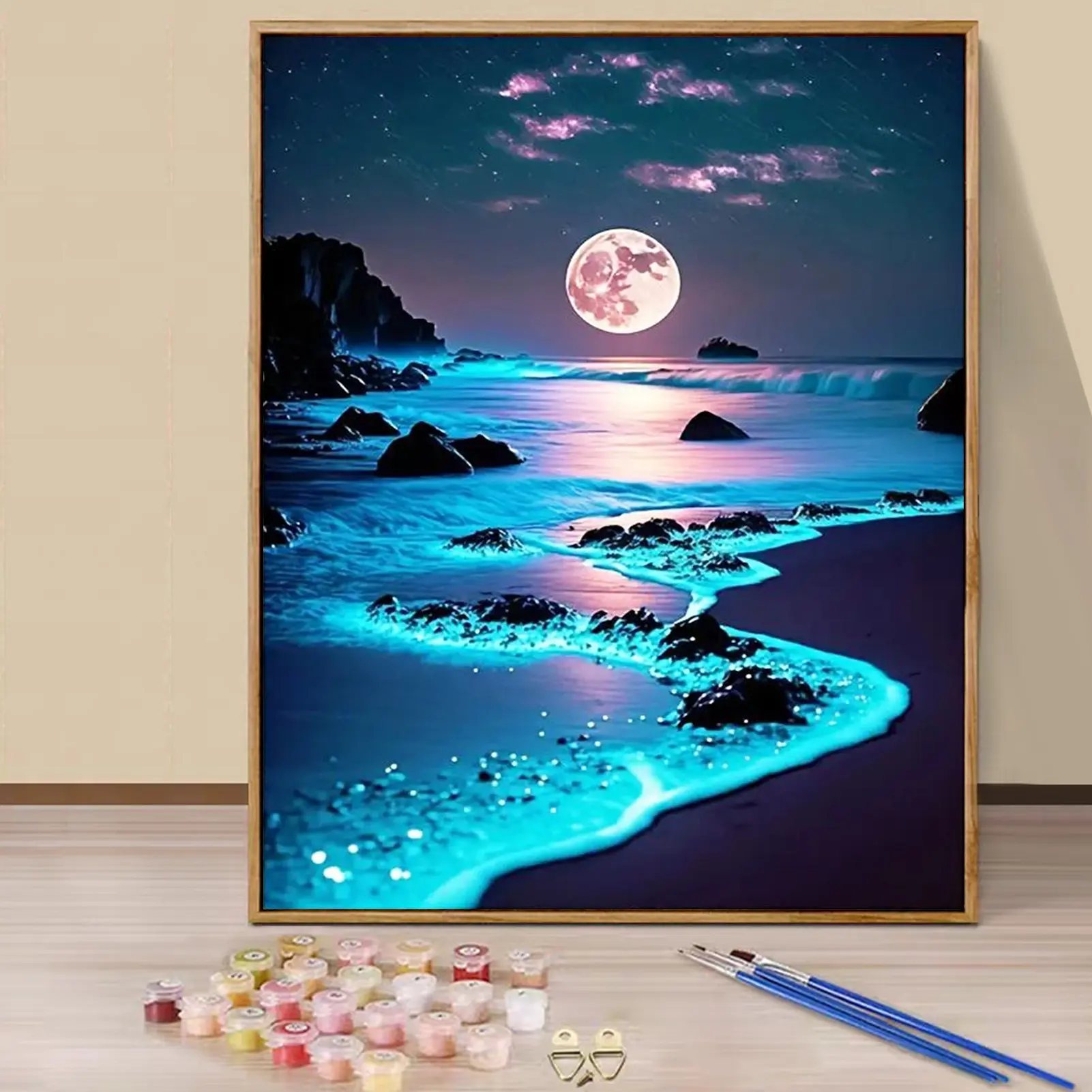 Paint by Numbers Kit for Adults Beginners - 16x20in/40x50cm Color Canvas, Easy DIY Moonlit Beach Acrylic Painting Set - Wall Decor for Living Room and Bedroom, Creative Gift for Birthday, Mother's Day and Christmas, Without Frame, Art Craft Supplies