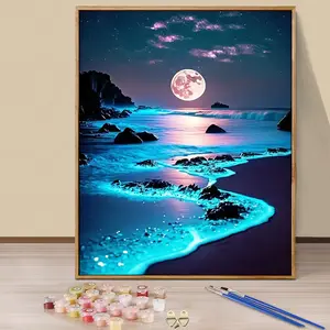 Paint by Numbers Kit for Adults Beginners - 16x20in/40x50cm Color Canvas, Easy DIY Moonlit Beach Acrylic Painting Set - Wall Decor for Living Room and Bedroom, Creative Gift for Birthday, Mother's Day and Christmas, Without Frame