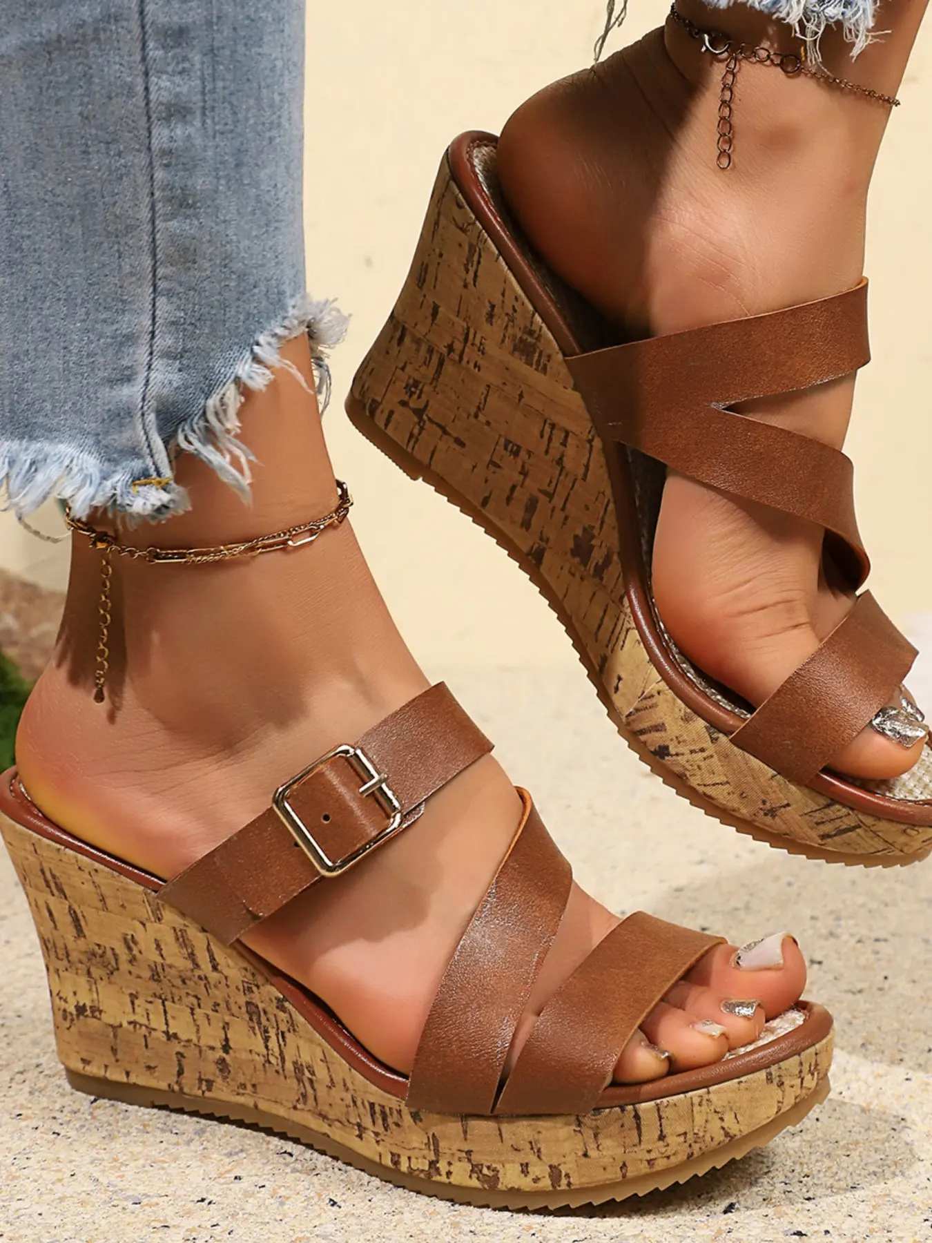 Women's Cork Wedge Sandals Buckle Wedges, Summer Outdoor Open-Toe Buckle Waterproof Heel Slippers, Fashion Vacation Commute Versatile Shoes, Fashion Footwear