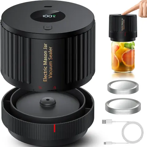 2026 Upgraded Cordless Electric Mason Jar Vacuum Sealer Kit - Kitchen Vacuum Sealer with 1-Touch Automatic Sealing Button, Size-Converter, 5 Regular Mouth Mason Jar Lids, 2 Mouth Size Fit, Long-Term Storage, Picnic & Meal Prep Ease