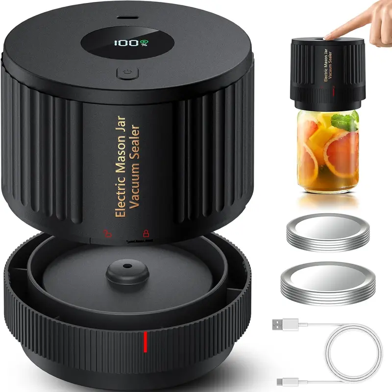 2026 Upgraded Cordless Electric Mason Jar Vacuum Sealer Kit - Kitchen Vacuum Sealer with 1-Touch Automatic Sealing Button, Size-Converter, 5 Regular Mouth Mason Jar Lids, 2 Mouth Size Fit, Long-Term Storage, Picnic & Meal Prep Ease