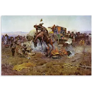 Western Art Prints Charles Marion Russell's 'The Camp Cook's Troubles; Bronc to Breakfast' - Cowboy, Horse, And Camp Scene Wall Art Art Canvas Painting Decor Wall Print Photo Gifts Home Modern Decorat