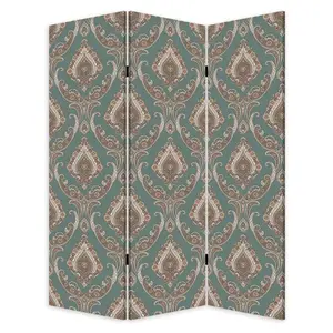 360 stand Vintage Green Baroque 3-Panel Room Divider Screen - Double-Sided, Reversible Print, Wood Frame, Multi-Color Baroque Design