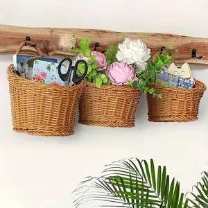 Wall Mounted Storage Basket, 3 Counts Rustic Imitation Rattan Wall Hanging Basket, Multipurpose Wall Hanging Sundries Container for Home Kitchen, Fruit Basket