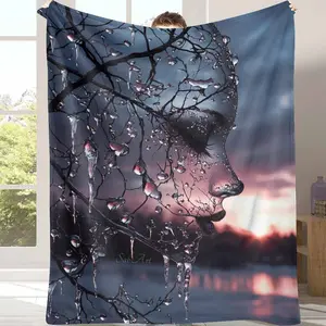 Frozen Nature Face Flannel Blanket， Ice Crystal Tree Silhouette Art Print， Soft Warm Lightweight Cozy Home Decor Throw， Perfect for Bedroom Sofa Office Gift Winter Relaxation