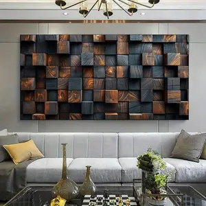 1 Framed Canvas Painting - Modern Brown Wood Block Pattern Canvas Painting, Artistic Modern Large Canvas Poster for Office and Living Room Decoration Ornaments Wall Photo Print