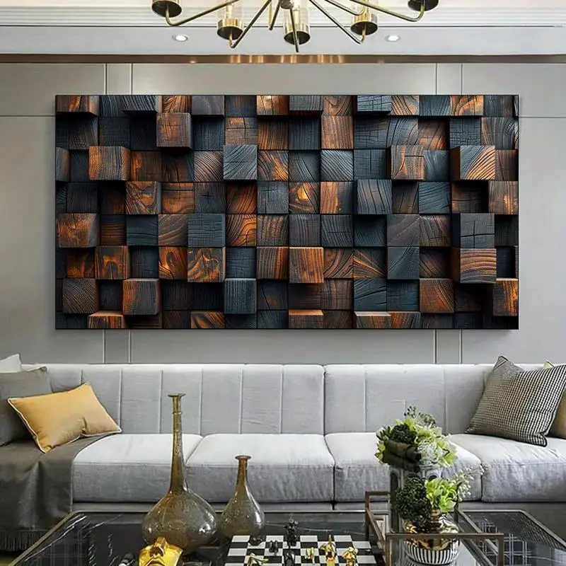 1 Framed Canvas Painting - Modern Brown Wood Block Pattern Canvas Painting, Artistic Modern Large Canvas Poster for Office and Living Room Decoration Ornaments Wall Photo Print