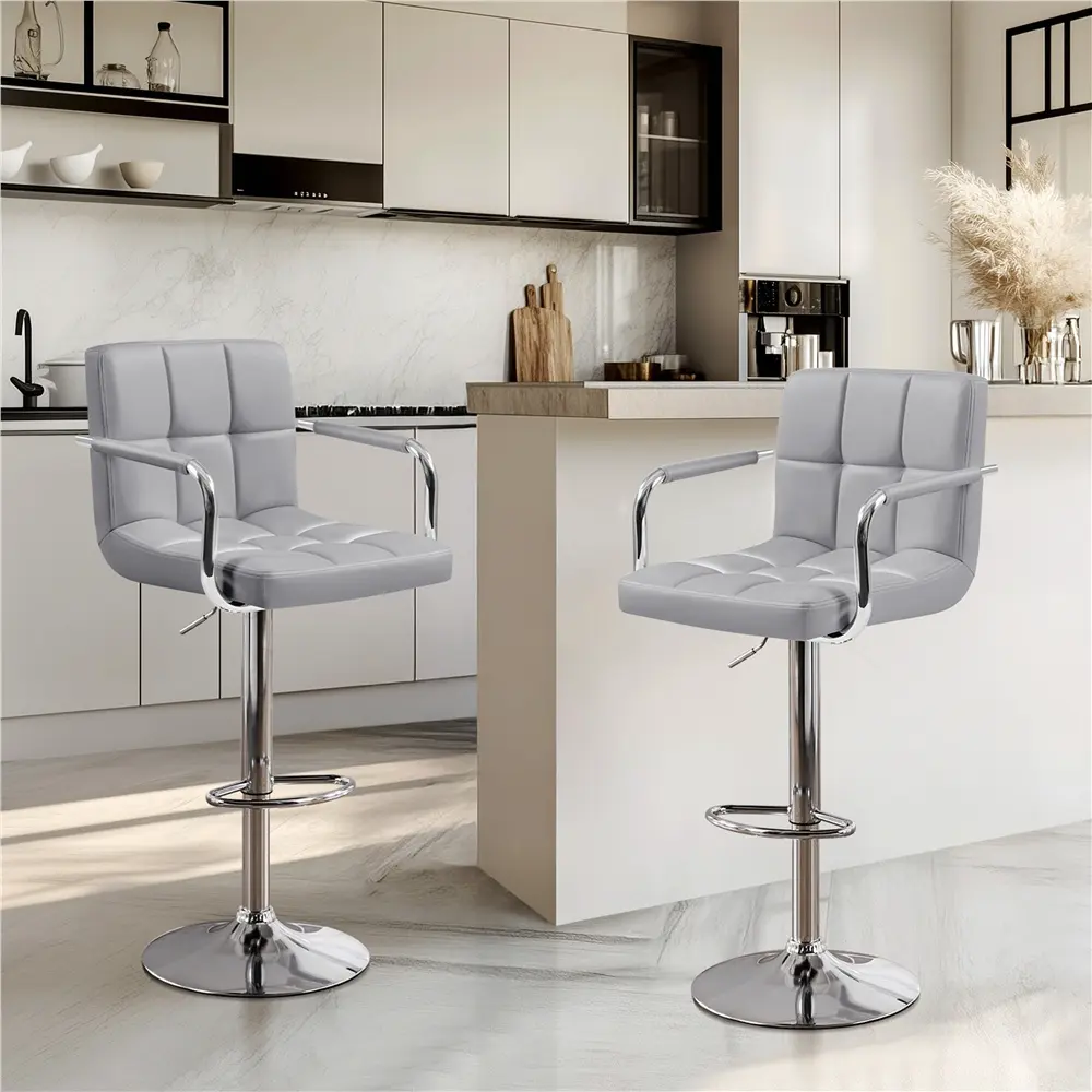 Costoffs 2pcs PU Leather Bar Stools Adjustable Swivel Stools Kitchen Chairs with Large Steel Base, Backrests & Footrest for Dining Room, Kitchen Island, Home Bar Counter, Christmas Gift