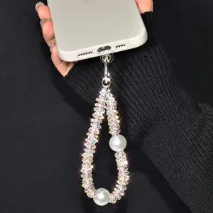 High-End Luxury Crystal Sparkling Rhinestone Pearl Chain, Smart Phone Case Hand Wrist Chain With Gasket, Women's Exquisite Fashion Versatile Bag Rhinestone Decoration, Key And Phone Anti-Lost Short Lanyard, Phone Charm