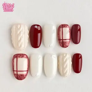Cream Cable Knit Red Plaid Handmade Press-On Nails | Short Oval Shape, 10pcs | Cozy Vintage 3D Cable Knit Design | Glossy Finish with Red Plaid & Pearl Accents | Reusable DIY Nail Kit for Women | Trendy Nails for Fall & Winter Parties | Sweet Cool Stateme