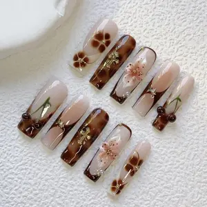 10pcs Handmade Long Nails Y2K Brown French Style & 3d Handmade Flower & 3d Handmade Cherry And Leopard Print Design Nail Art Decoration,1pc Jelly Gel And 1pc Nail File, Perfect For Daily Life And Party Outfits Press On Nails Nail Supplies ﻿With nail glue