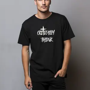 Critically Think unisex tee | Handwritten Script Cross Design