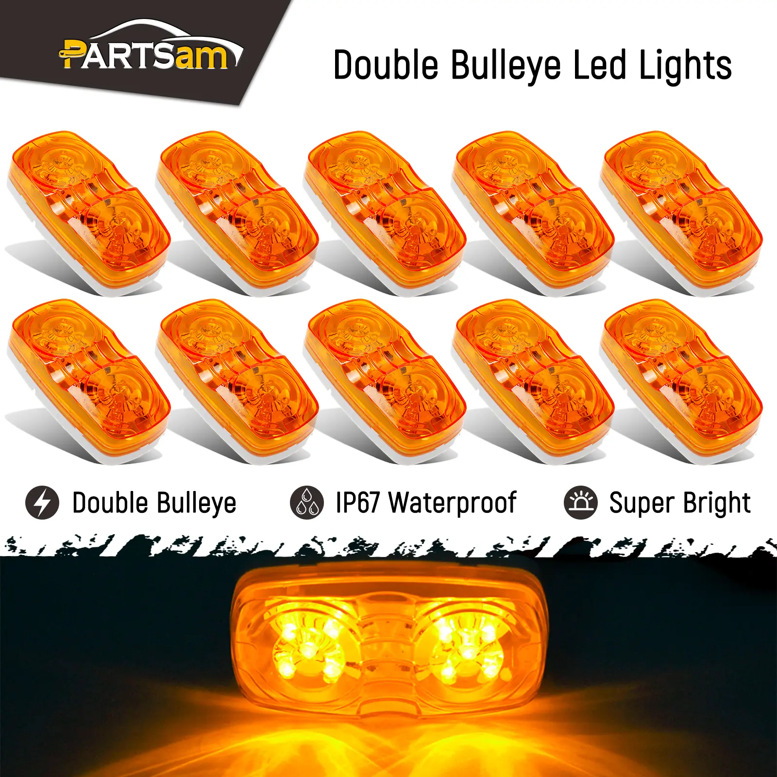 Partsam 10x Double Bubble Bullseye LED Marker Lights - DOT Approved 2x4 in Rectangle Amber 10 LED Tiger Eye Car Accessories, Blinker Lights, 12V Hardwired Surface Mount for Trailer RV
