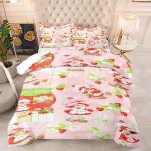 Strawberry Shortcake Comforter Set, Retro 80s Cartoon Print,Including 1 Quilt and 1 or 2 Pillowcases without Pillows,Suitable as Gift for Family and Friends,Soft and Warm Bedroom Bedding Set