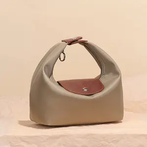 Women's Minimalist Nylon Hobo Crossbody Bag - Lightweight Underarm Shoulder Purse with Vintage Leather Trim, Crescent-Shape Daily Commute Work Handbag